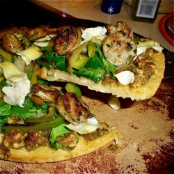 Pesto Socca Pizza with Grilled Veggies and Chicken Sausage