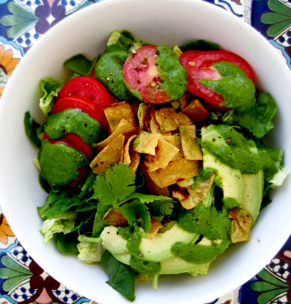 Spicy Cilantro Vinaigrette Salad with Crunchy Corn Strips