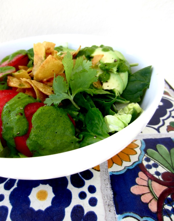 Spicy Cilantro Vinaigrette Salad with Crunchy Corn Strips